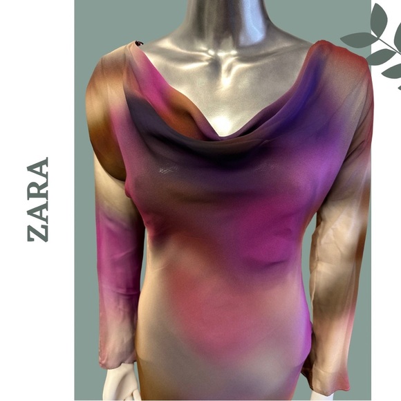 Zara Watercolor Floor Length Chiffon Evening Dress Backless Lined Size Large - Picture 7 of 9